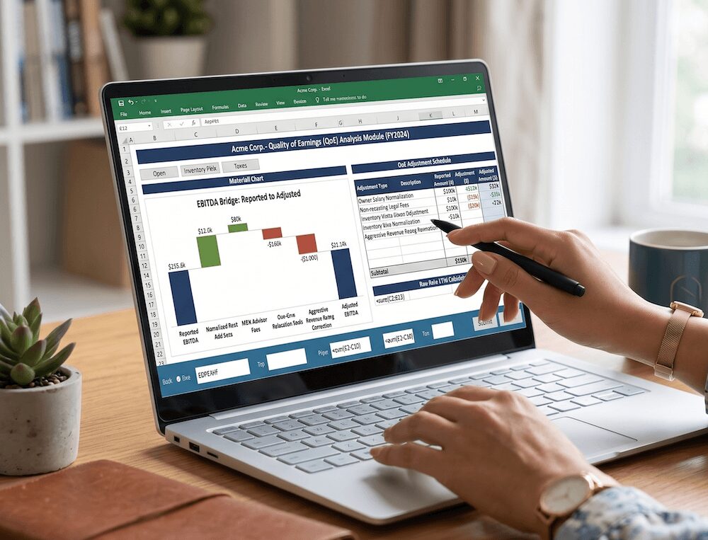Woman looking at a Quality of Earnings Analysis report